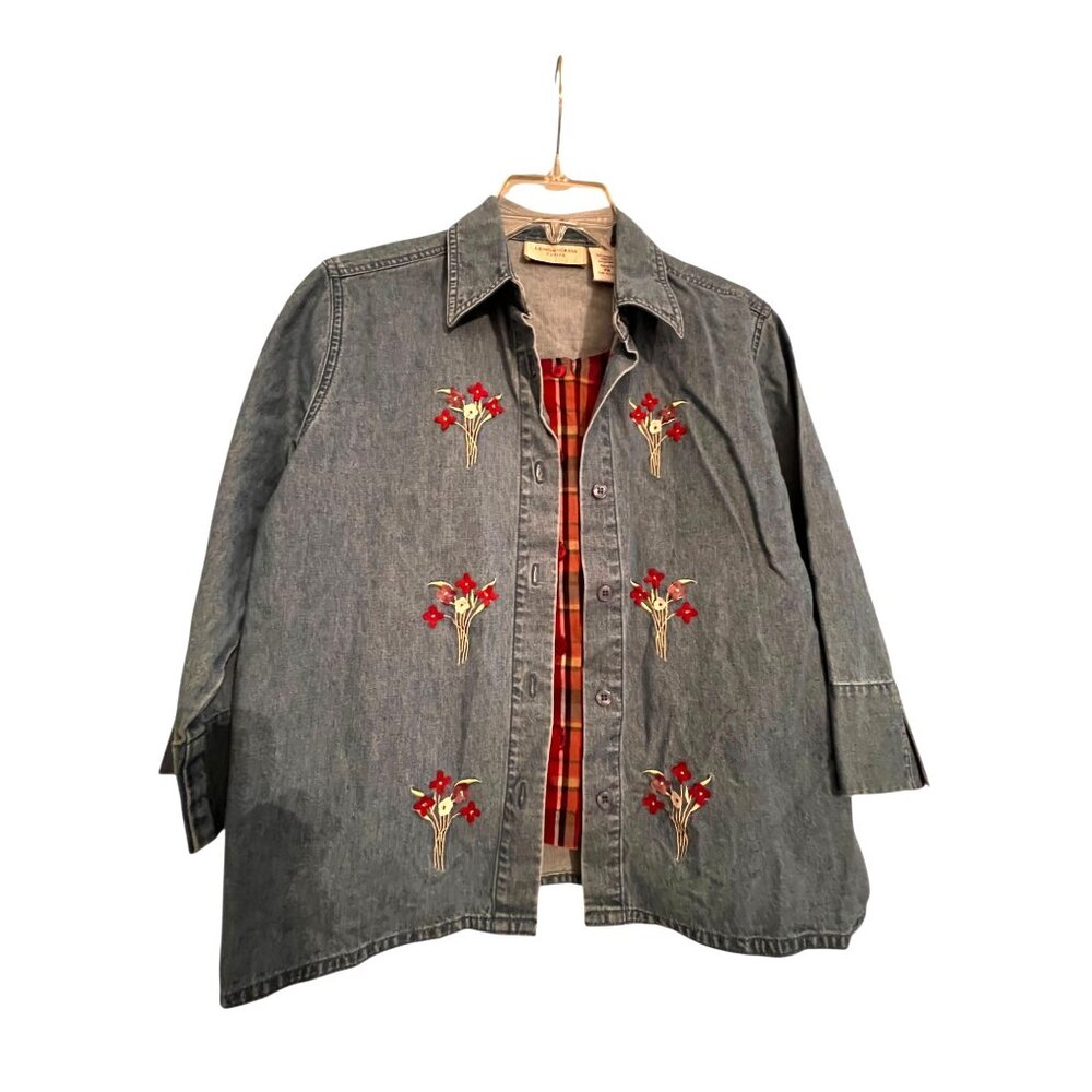 Lemon Grass Denim Shirt Jacket Floral Embroidery Red Plaid Front Panel Petite M - Picture 2 of 14